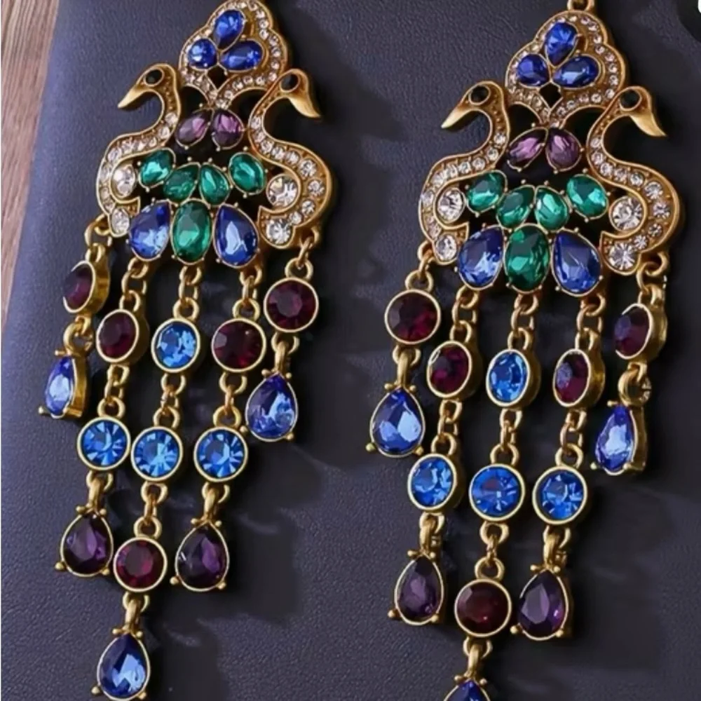 Elegant Gold and Jewel-Toned Peacock chandelier earrings